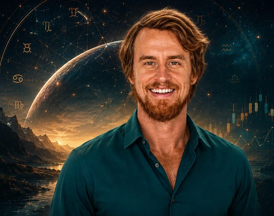 Jack in his signature teal shirt against a deep navy cosmos, with a faint zodiac wheel, a planet and candlestick charts behind him