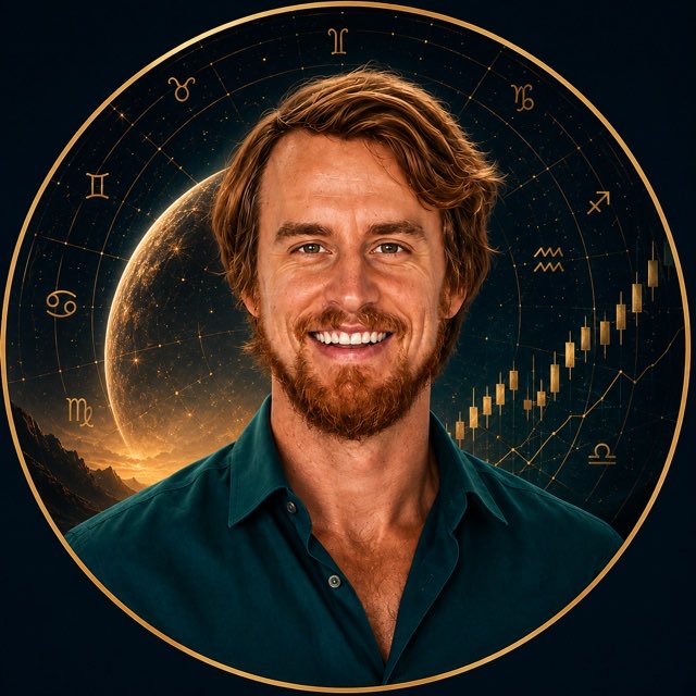 Jack, the crypto astrologer behind Crypto Astro, framed by a golden zodiac wheel.